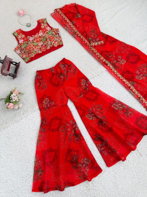 Designer Tibby Silk Sharara Set with Shrug, Blouse and Sharara - Image 5