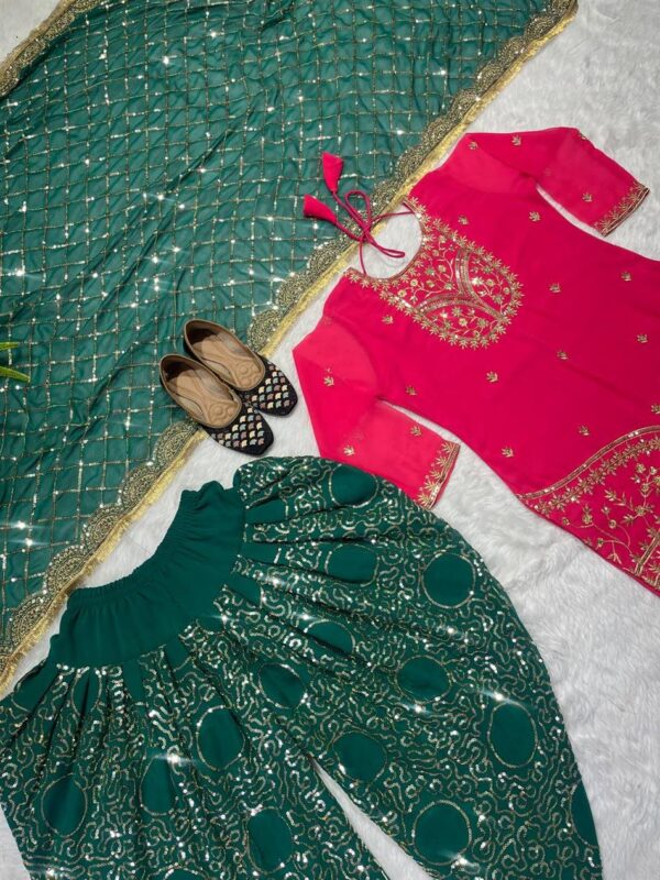 Designer Faux Georgette Top, Dhoti Salwar and Dupatta Set with Embroidery Work - Image 3