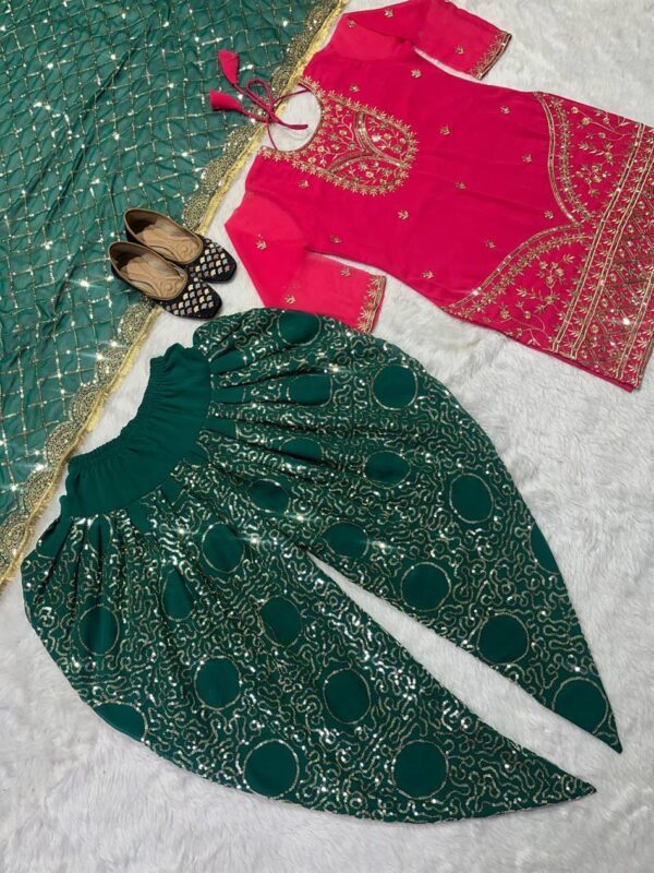 Designer Faux Georgette Top, Dhoti Salwar and Dupatta Set with Embroidery Work - Image 4