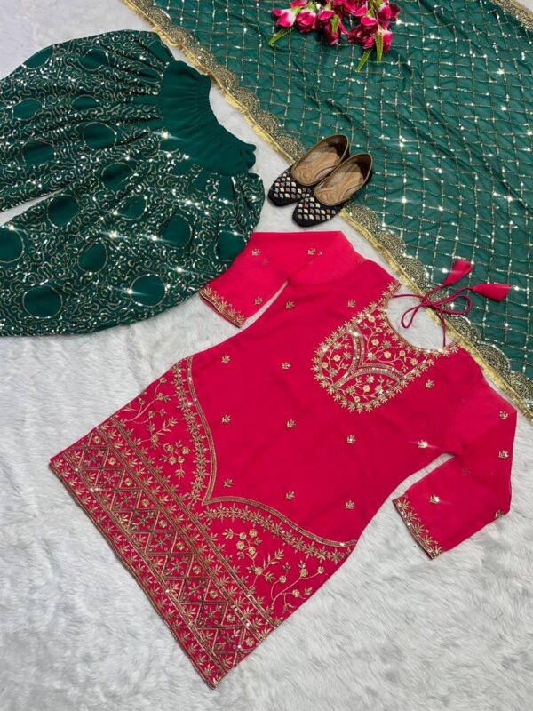 Designer Faux Georgette Top, Dhoti Salwar and Dupatta Set with Embroidery Work - Image 5