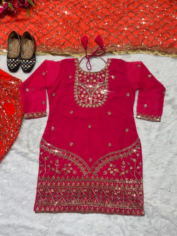 Designer Faux Georgette Top, Dhoti Salwar and Dupatta Set with Embroidery Work - Image 3