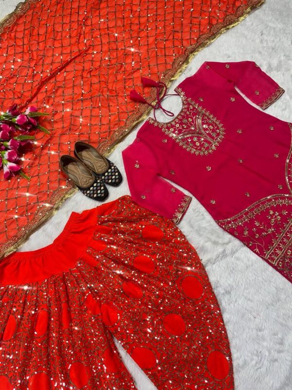 Designer Faux Georgette Top, Dhoti Salwar and Dupatta Set with Embroidery Work - Image 4