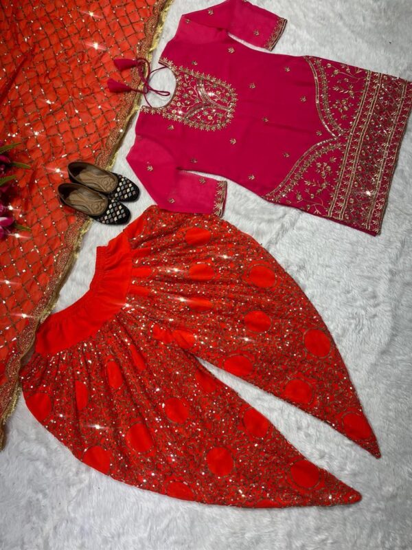 Designer Faux Georgette Top, Dhoti Salwar and Dupatta Set with Embroidery Work - Image 5