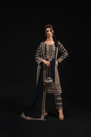 Designer Faux Georgette Embroidered Top with Pant & Dupatta Set