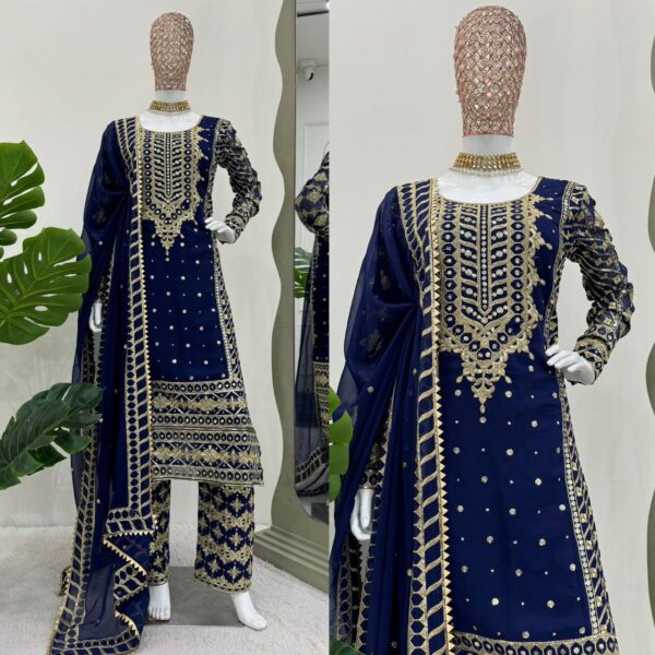 Designer Faux Georgette Embroidered Top with Pant & Dupatta Set - Image 4
