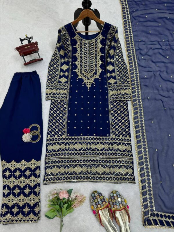 Designer Faux Georgette Embroidered Top with Pant & Dupatta Set - Image 5
