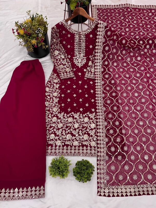 Heavy Faux Georgette Embroidered Top, Pant & Dupatta Party Wear Set - Image 5