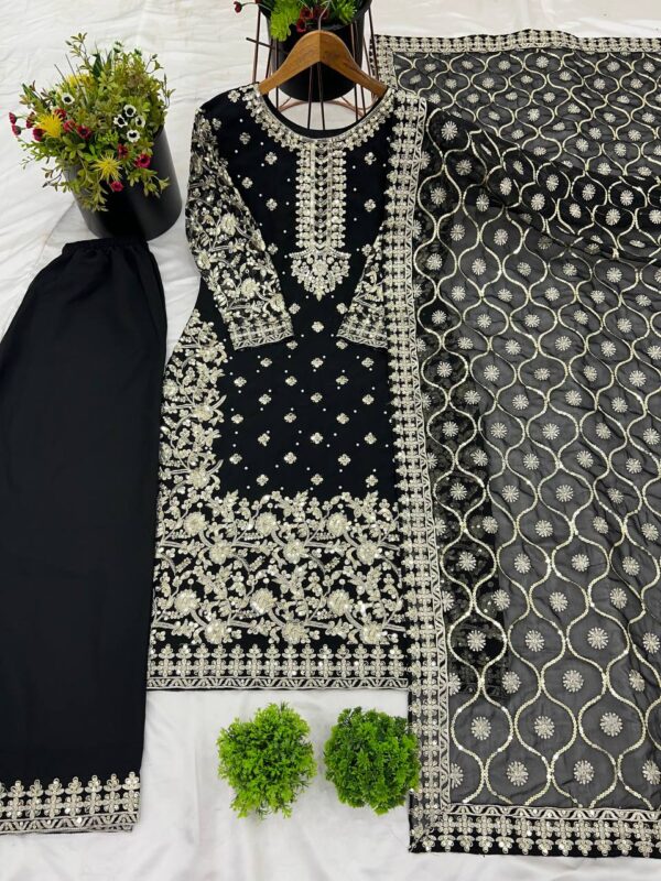 Heavy Faux Georgette Embroidered Top, Pant & Dupatta Party Wear Set - Image 5
