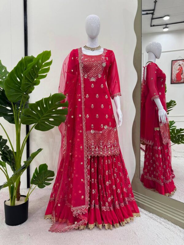 Designer Faux Georgette Sharara Set with Dupatta – Thread & Sequence Work - Image 3