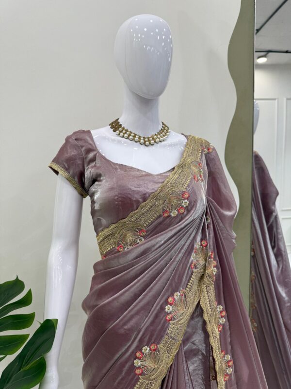 Designer Fendi Silk Saree with Intricate Embroidery and Unstitched Blouse - Image 2