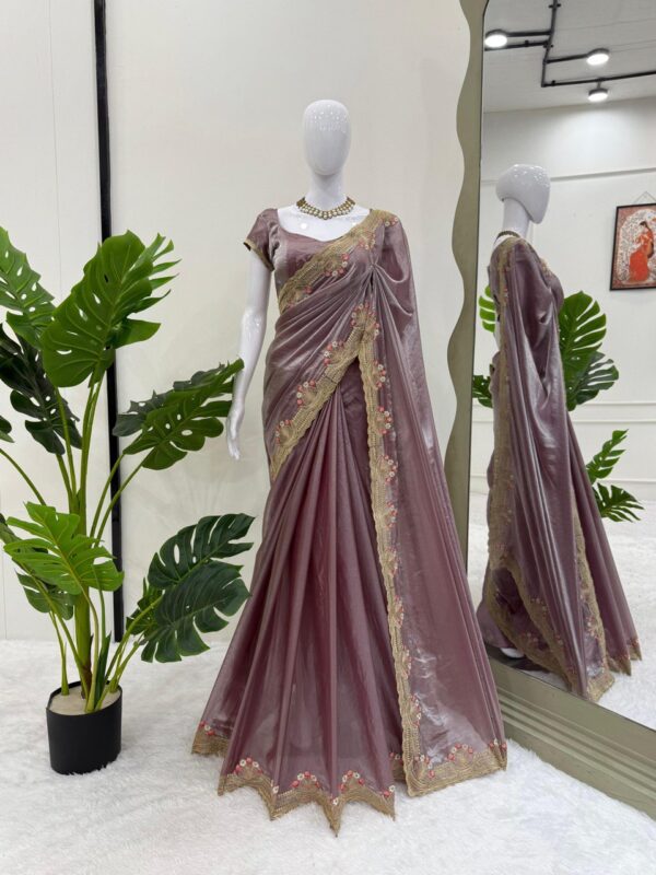 Designer Fendi Silk Saree with Intricate Embroidery and Unstitched Blouse - Image 4