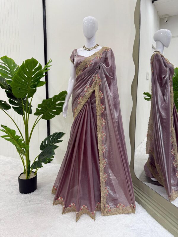 Designer Fendi Silk Saree with Intricate Embroidery and Unstitched Blouse - Image 3