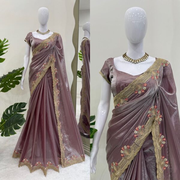 Designer Fendi Silk Saree with Intricate Embroidery and Unstitched Blouse