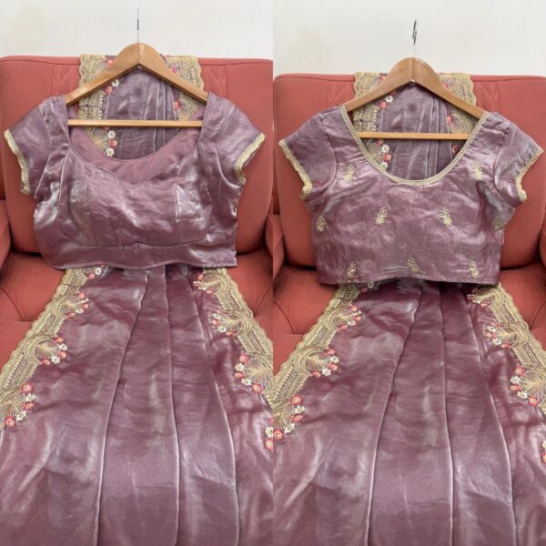 Designer Fendi Silk Saree with Intricate Embroidery and Unstitched Blouse - Image 5