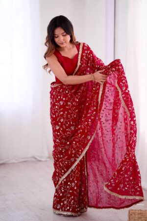 Crunchy Silk Designer Saree with Sequins Work & Matching Blouse