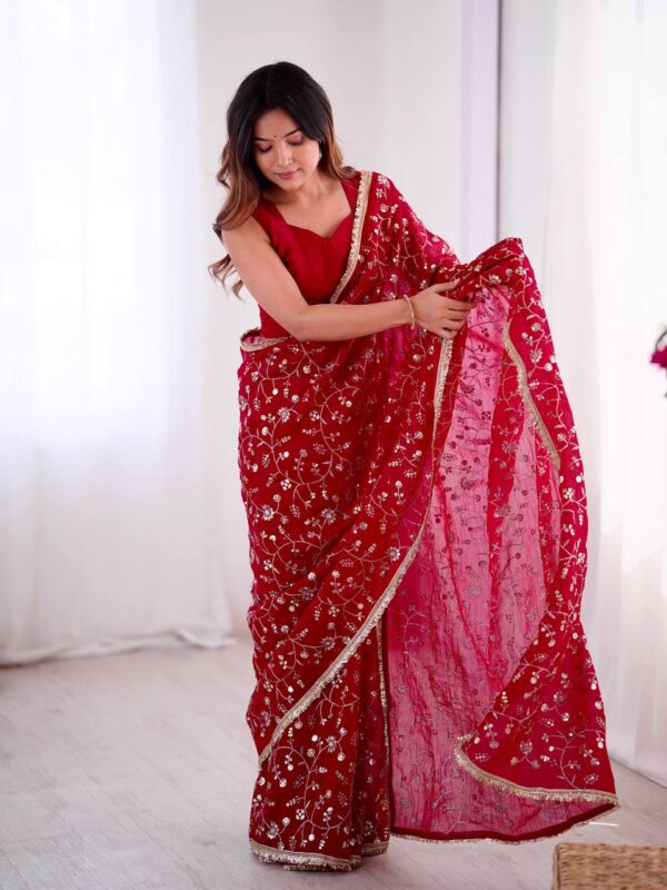 Crunchy Silk Designer Saree with Sequins Work & Matching Blouse