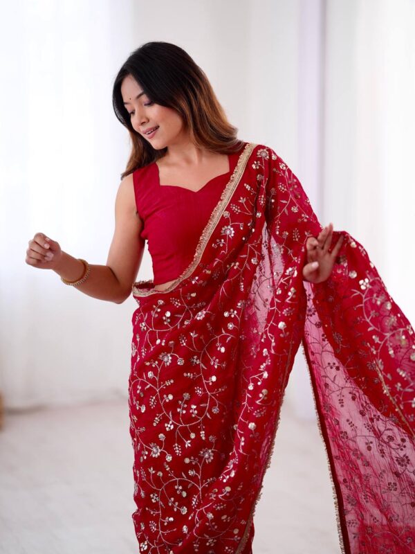 Crunchy Silk Designer Saree with Sequins Work & Matching Blouse - Image 2