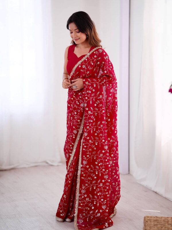 Crunchy Silk Designer Saree with Sequins Work & Matching Blouse - Image 3