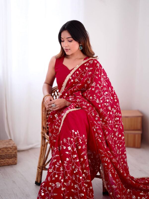 Crunchy Silk Designer Saree with Sequins Work & Matching Blouse - Image 4
