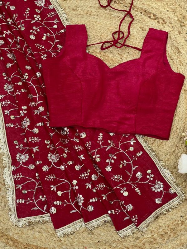 Crunchy Silk Designer Saree with Sequins Work & Matching Blouse - Image 5