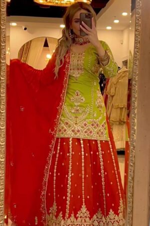 Designer Heavy Chinnon Silk Embroidered Top & Palazzo with Dupatta