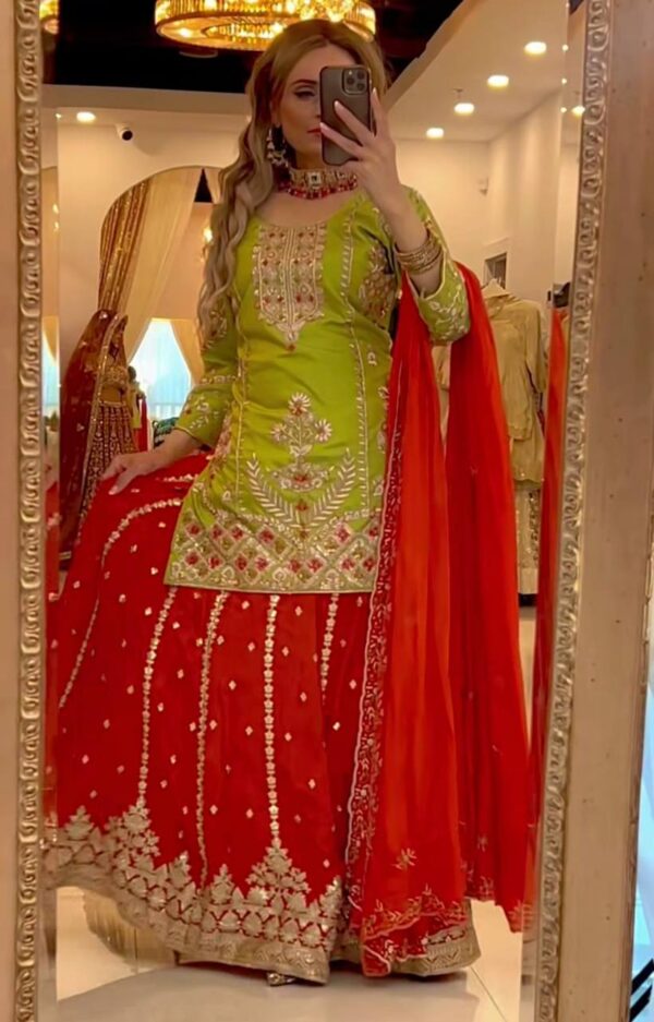 Designer Heavy Chinnon Silk Embroidered Top & Palazzo with Dupatta - Image 2