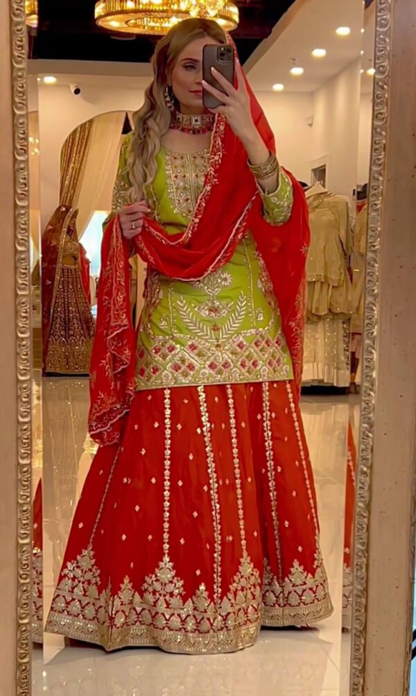 Designer Heavy Chinnon Silk Embroidered Top & Palazzo with Dupatta - Image 3
