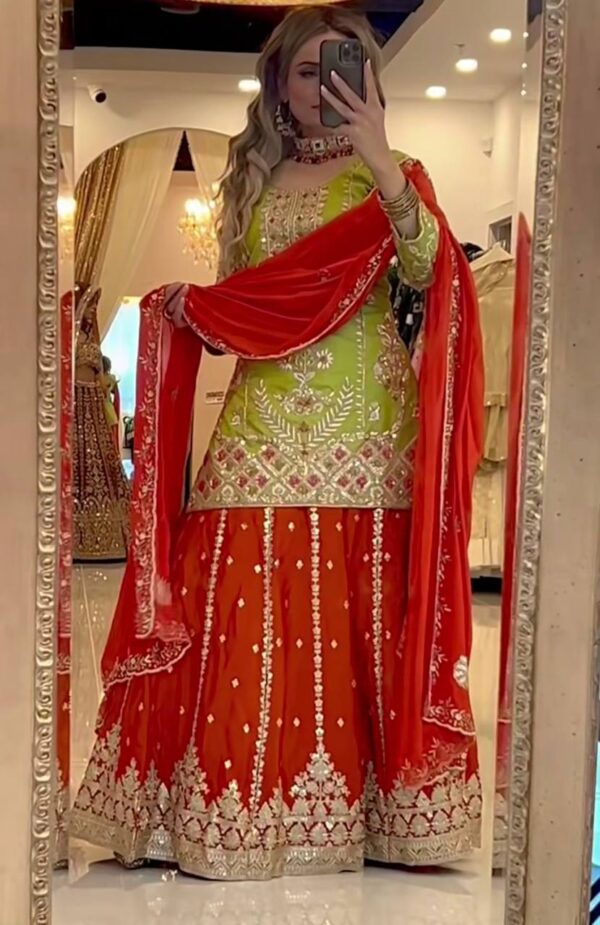 Designer Heavy Chinnon Silk Embroidered Top & Palazzo with Dupatta - Image 4