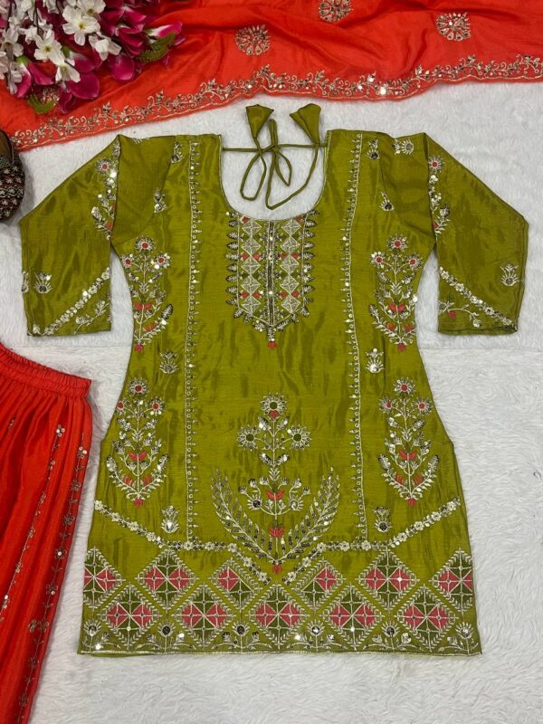 Designer Heavy Chinnon Silk Embroidered Top & Palazzo with Dupatta - Image 5