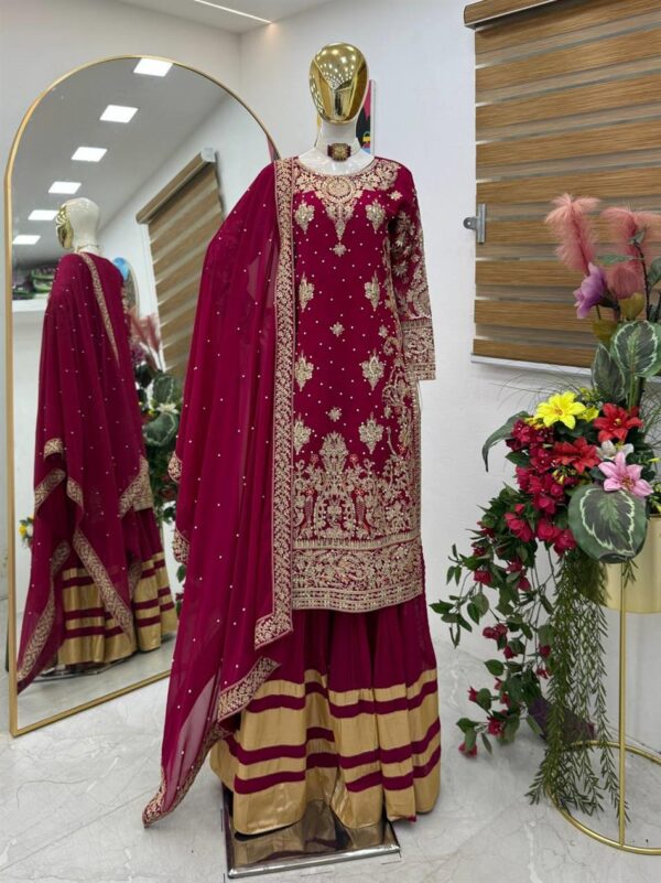 Fox Georgette Party Wear Top, Palazzo & Dupatta Set with Embroidery - Image 4