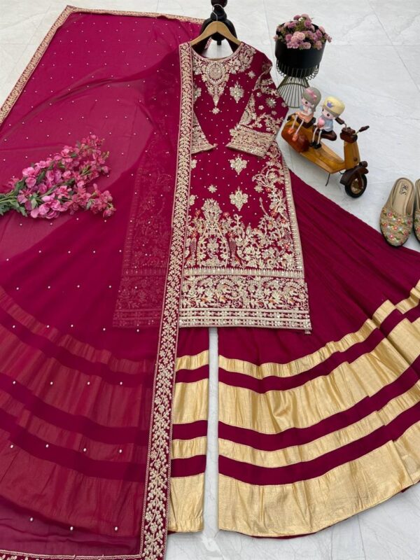 Fox Georgette Party Wear Top, Palazzo & Dupatta Set with Embroidery - Image 5